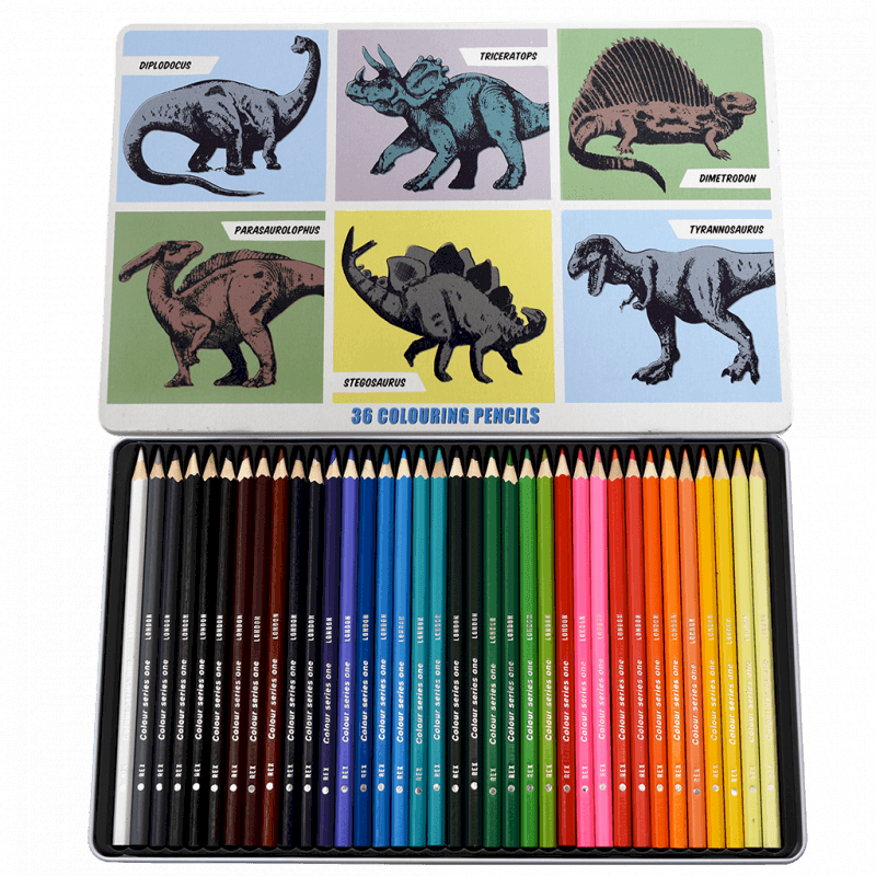 Prehistoric Land 36 colouring pencils in a tin