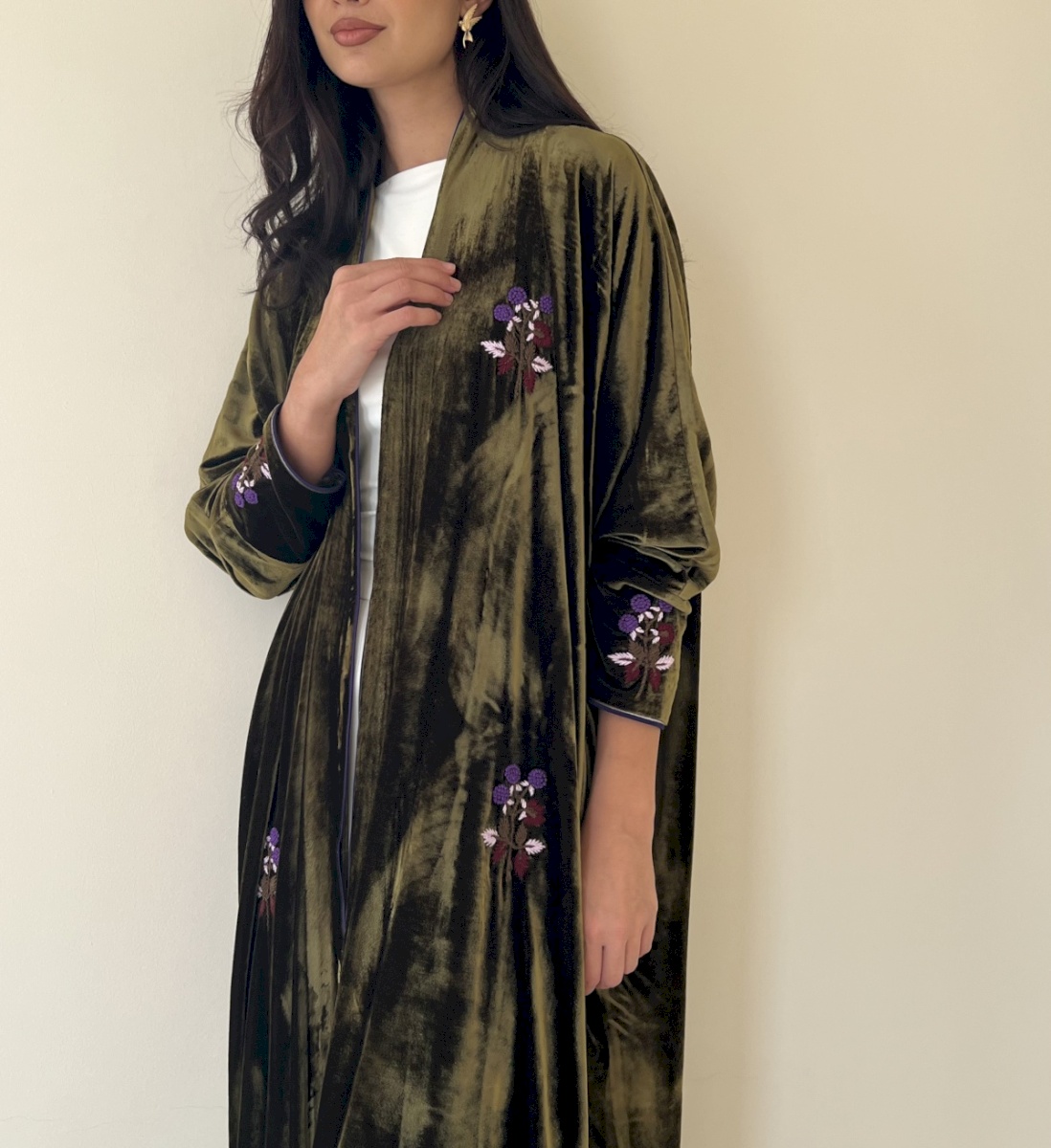 Olive green flora velvet cloak