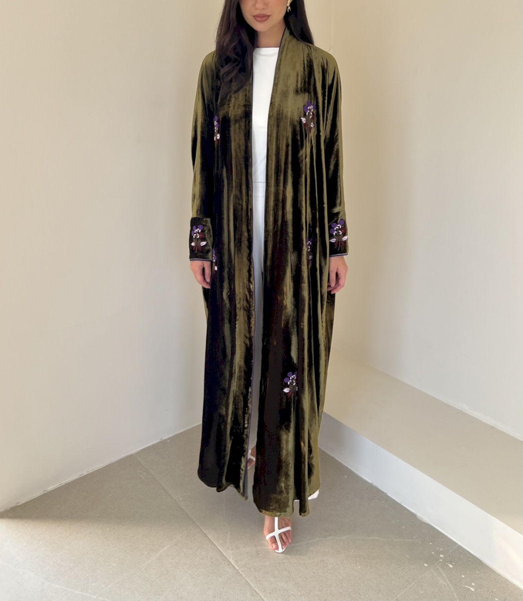 Olive green flora velvet cloak