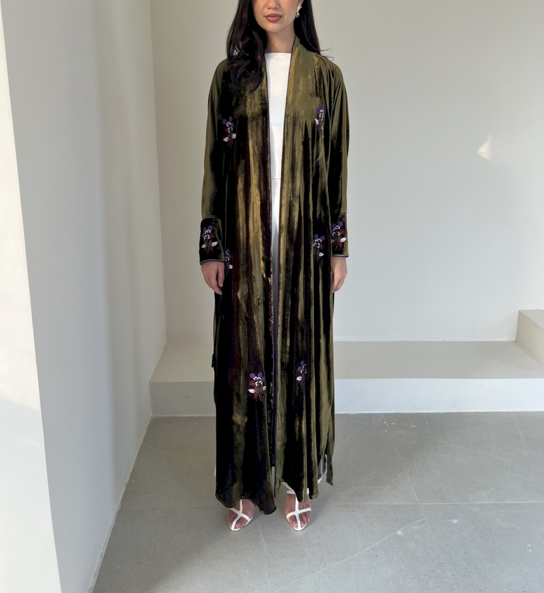 Olive green flora velvet cloak