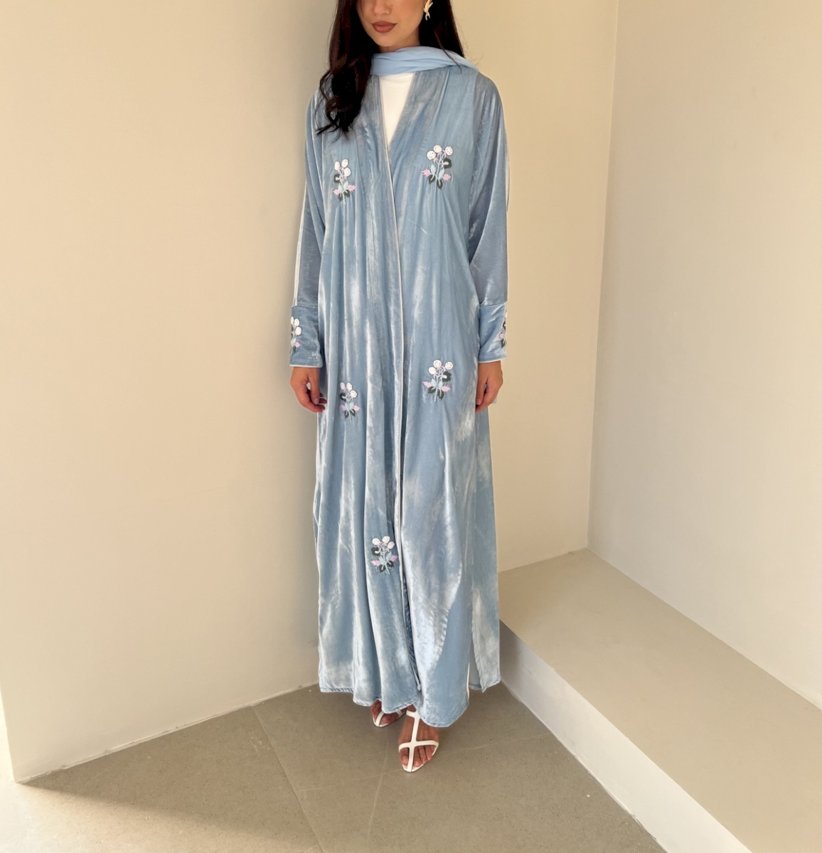 Dusty blue flora velvet cloak