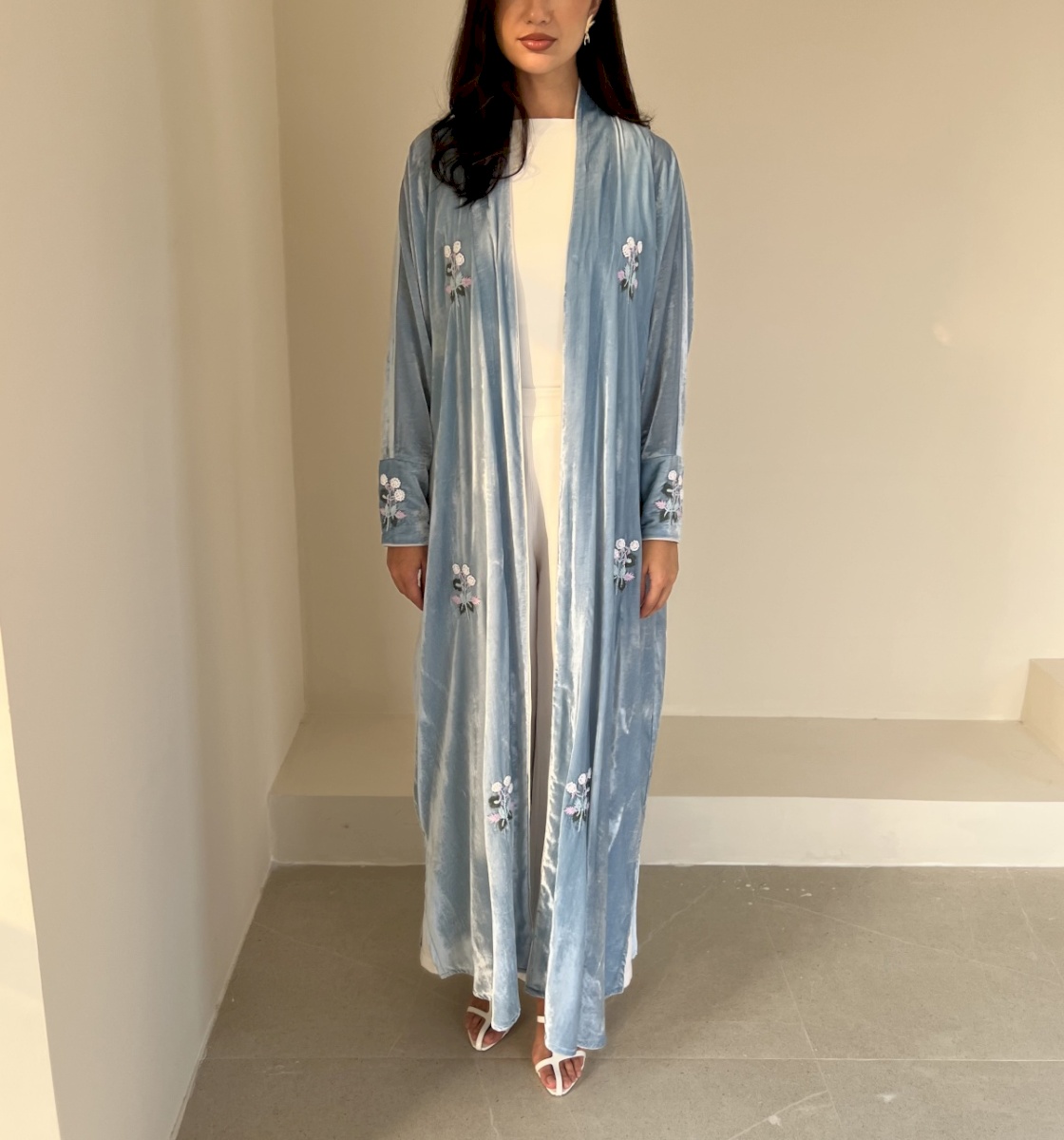 Dusty blue flora velvet cloak