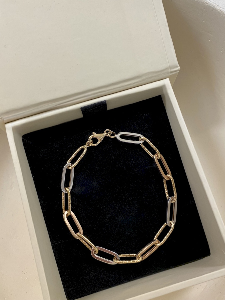 18K Yellow, White, and Rose Gold Paperclip Modern Bracelet